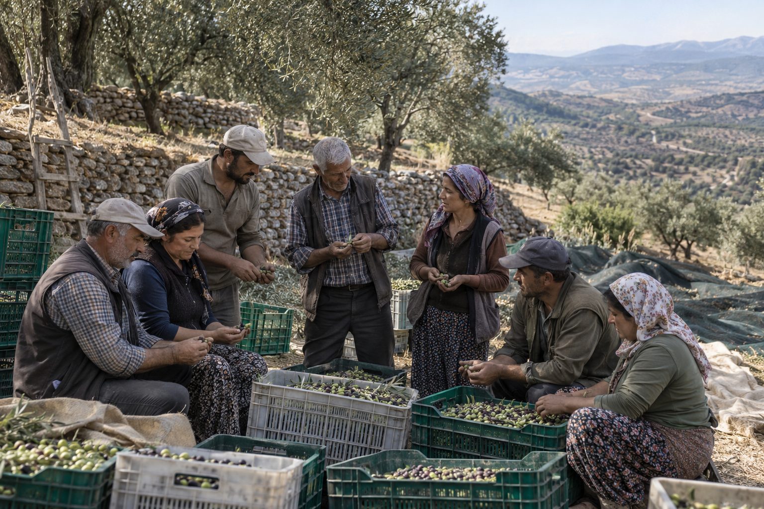 Kooperatif ortakları hasat molasında zeytin ayıklarken