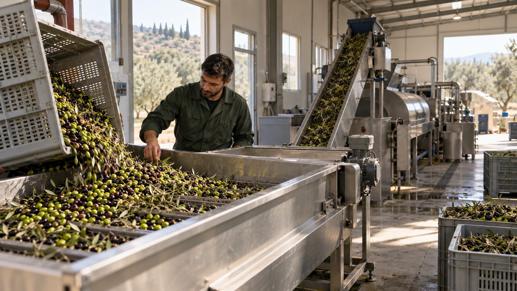 Tesiste zeytin kabul, ayıklama ve kırma hattı